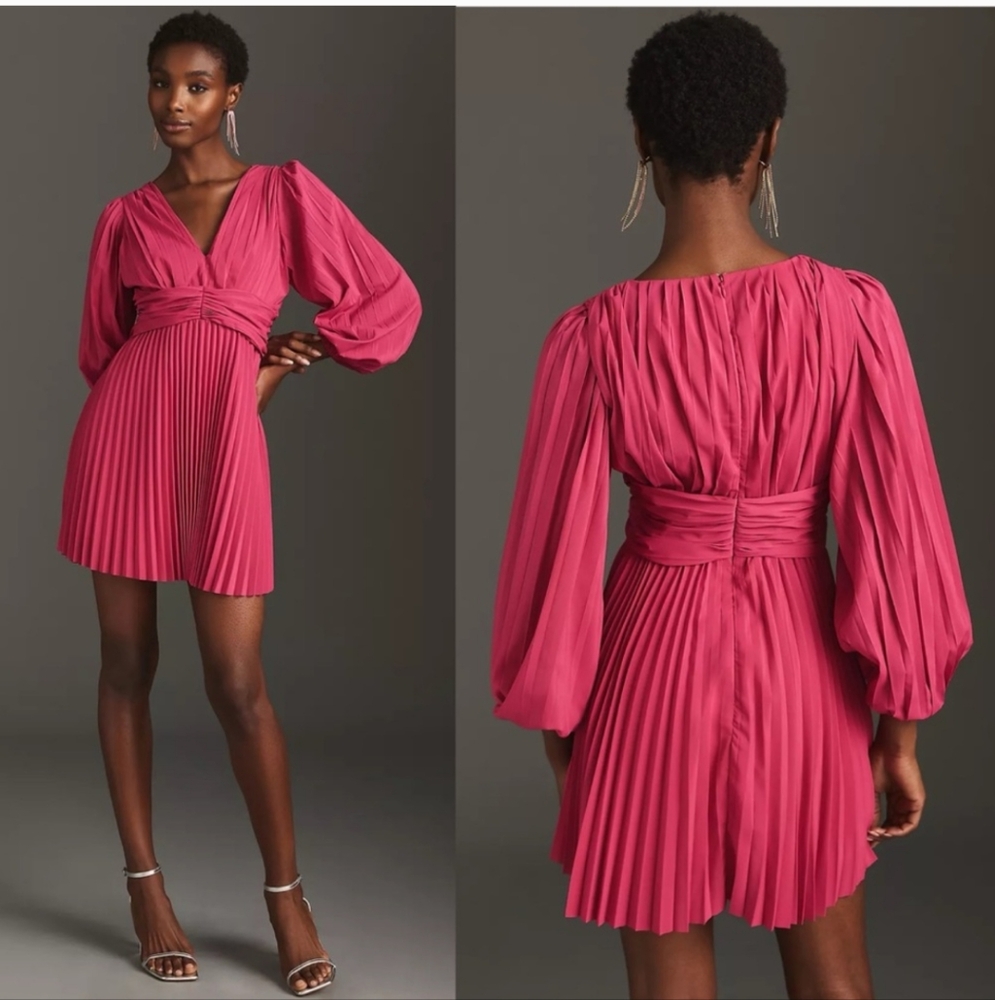 Anthropologie Aureta Pleated Long Sleeve V Neck Midi Dress Sz M  $198